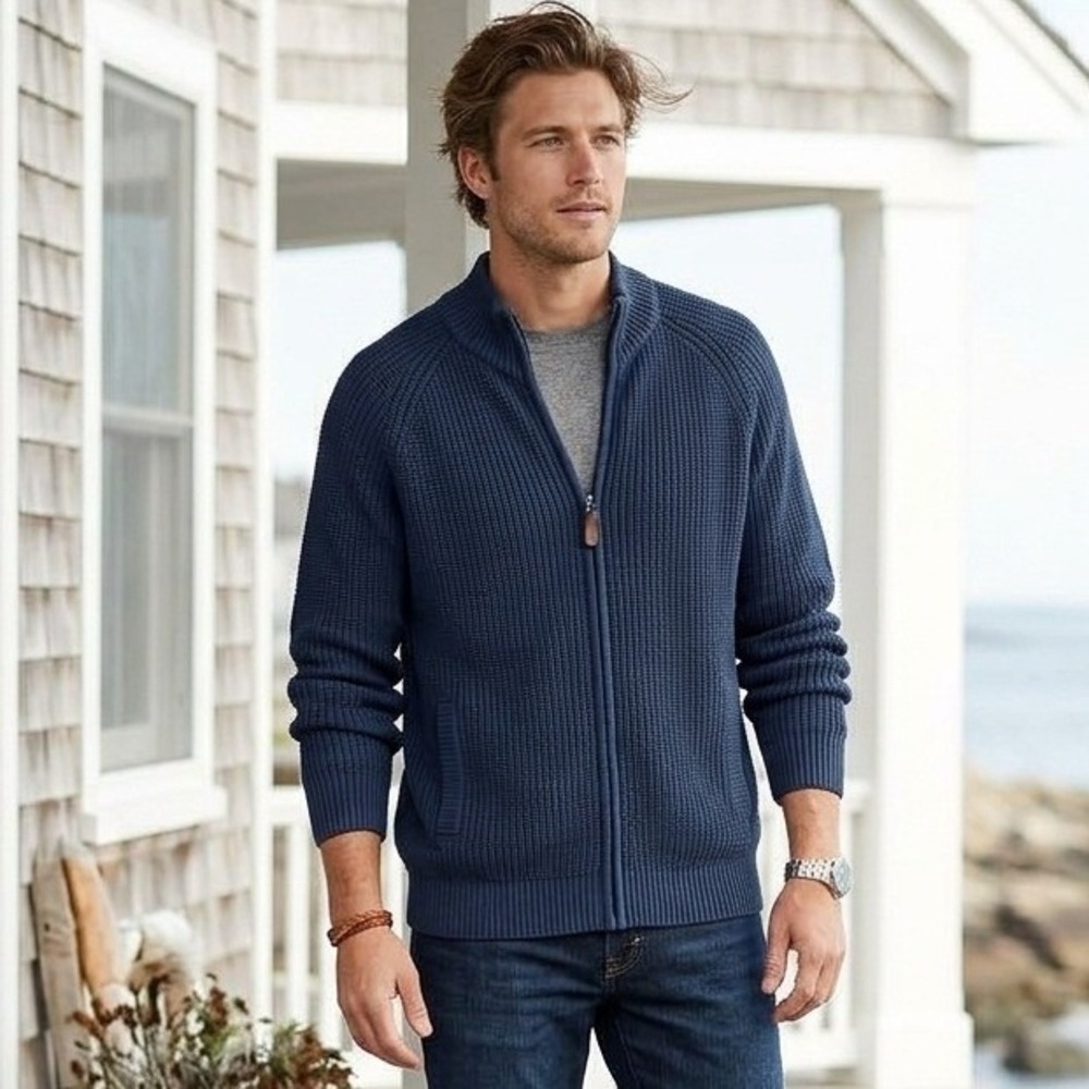 LL Bean Full Zip Cardigan Men XL Navy Blue Cotton Shaker Stitch Mock Neck 298244